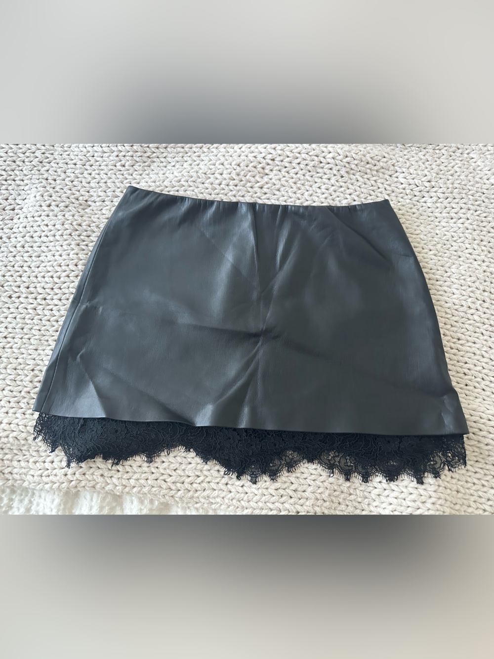 Alice + olivia Black Faux Leather Mini Skirt with Lace Trim